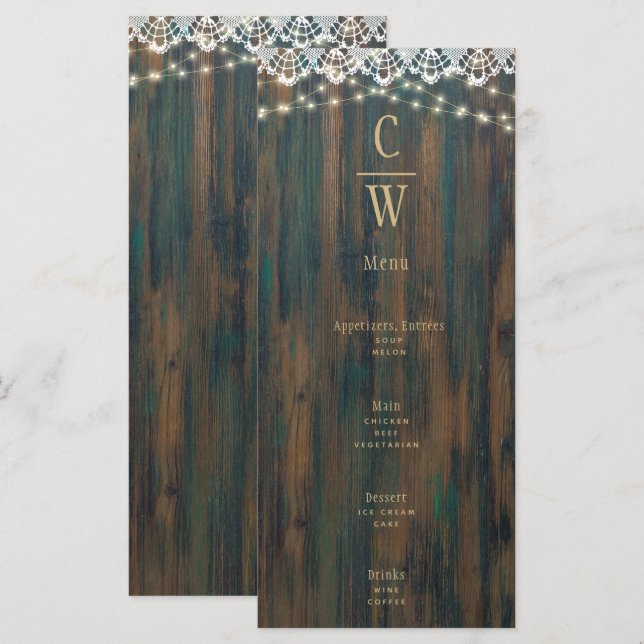 Rustic Wood Lace Lights Gold Text Wedding  Menu (Front/Back)