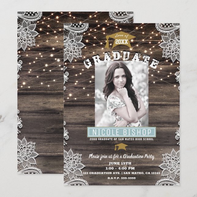 Rustic Wood Lace & Lights Graduation Party    Invitation (Front/Back)