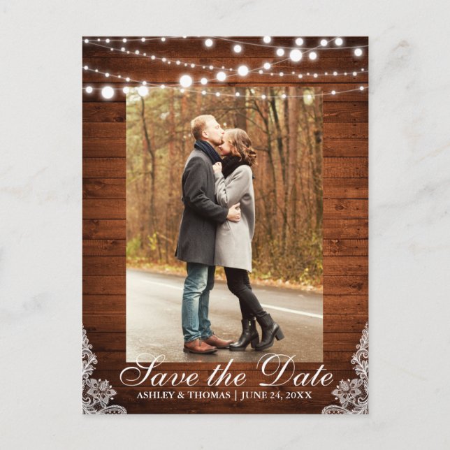 Rustic Wood Lace Lights Save the Date Back Text Announcement Postcard (Front)