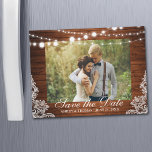 Rustic Wood Lace Lights Save the Date Engagement Magnetic Invitation<br><div class="desc">Rustic Wood Lace Lights Save the Date Engagement Magnetic Card</div>