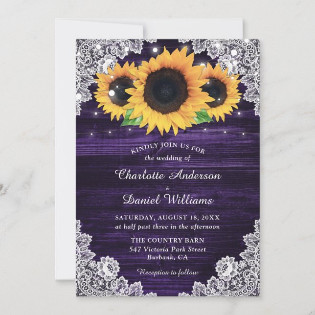 Rustic Wood Lace Lights Sunflower Purple Wedding Invitation (Front)