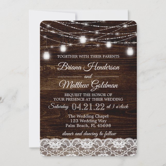 Rustic Wood Lace Lights Wedding Invitation (Front)