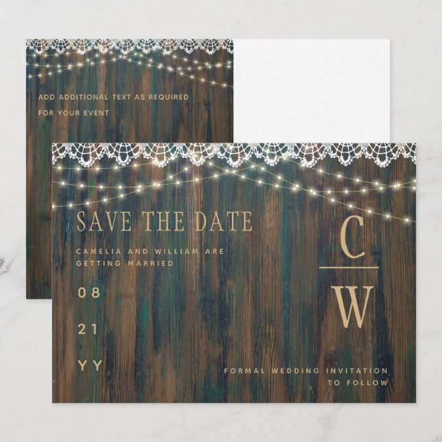 Rustic Wood Lace Lights Wedding  Save The Date (Front/Back)