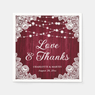 Rustic Wood Lace Love and Thanks Burgundy Wedding Napkin