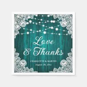 Rustic Wood Lace Love and Thanks Teal Wedding Napkin