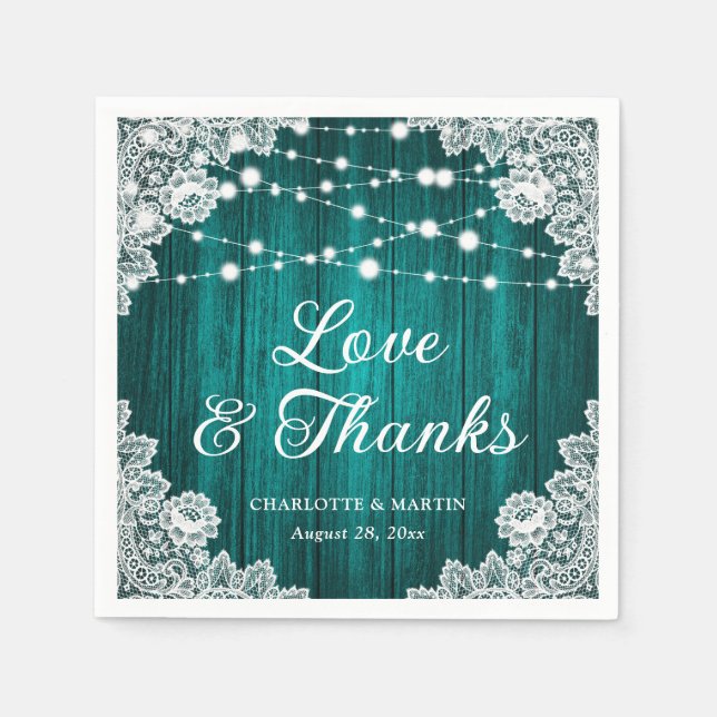 Rustic Wood Lace Love and Thanks Teal Wedding Napkin (Front)