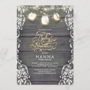 Rustic Wood Lace Mason Jar Lights Baby Shower Invitation