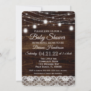 Rustic Wood Lace Mason Jar Lights Baby Shower Invitation