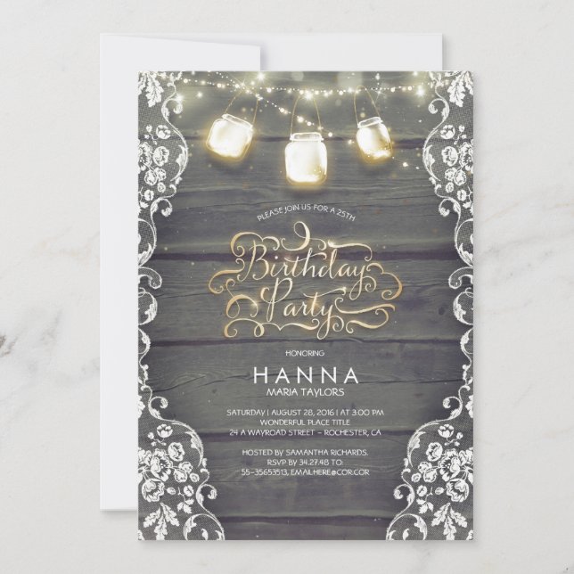 Rustic Wood Lace Mason Jar Lights Birthday Party Invitation (Front)