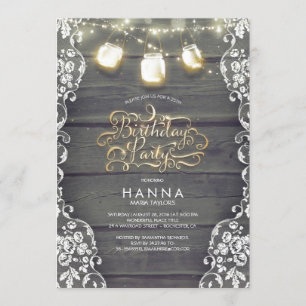 Rustic Wood Lace Mason Jar Lights Birthday Party Invitation