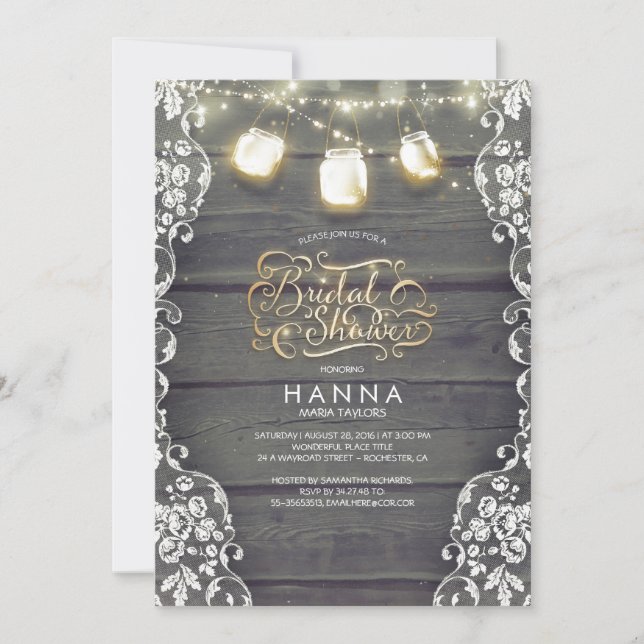 Rustic Wood Lace Mason Jar Lights Bridal Shower Invitation (Front)