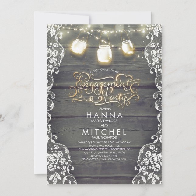 Rustic Wood Lace Mason Jar Lights Engagement Party Invitation (Front)
