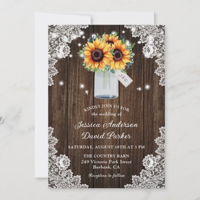 Rustic Wood Lace Mason Jar Sunflower Wedding Invitation (Front)