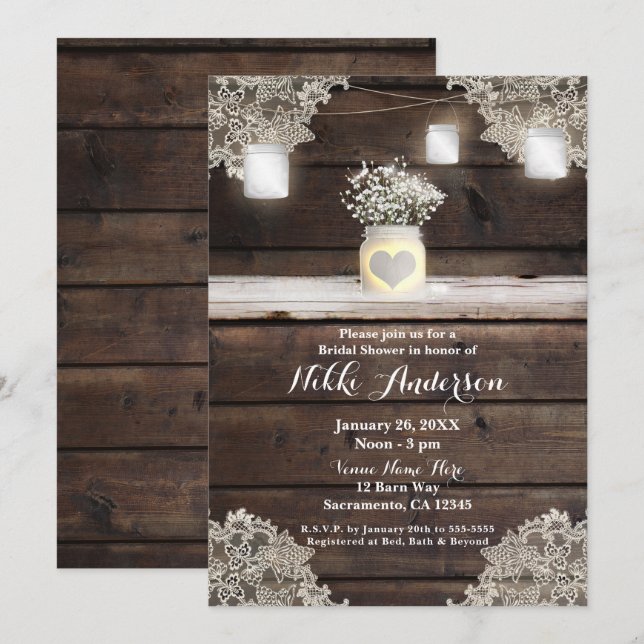 Rustic Wood, Lace & Mason Jars Barn Bridal Shower Invitation (Front/Back)