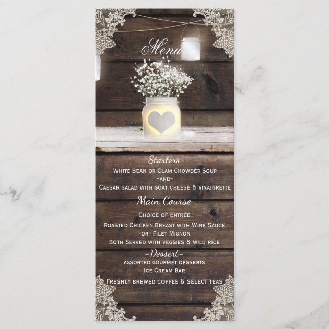 Rustic Wood, Lace & Mason Jars Barn Wedding Menu (Front)