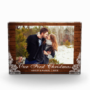 Rustic Wood Lace Our First Christmas Couple Photo Block