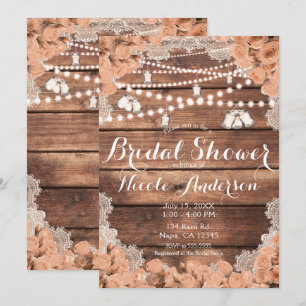Rustic Wood Lace Peach Roses Elegant Bridal Shower Invitation