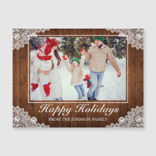Rustic Wood & Lace Photo Happy Holidays Greeting