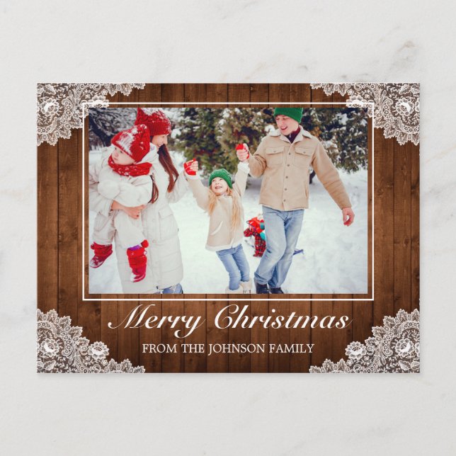 Rustic Wood & Lace Photo Merry Christmas Greeting Announcement Postcard (Front)