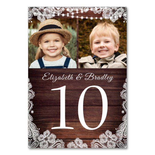 Rustic Wood Lace Photo Wedding Table Number Sign (Front)
