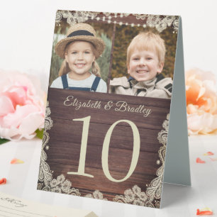 Rustic Wood Lace Photo Wedding Table Number Sign