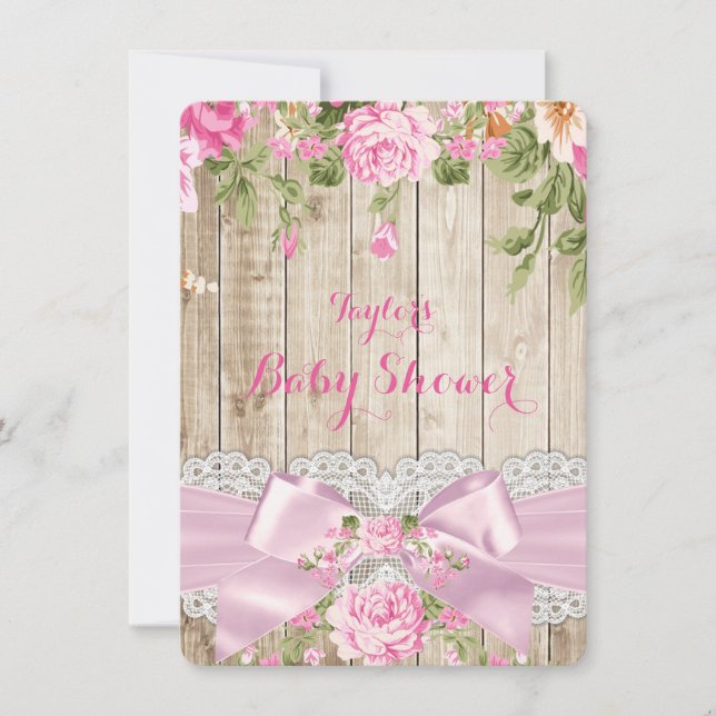 Rustic Wood Lace Pink Floral Baby Shower Invitation (Front)