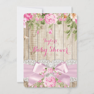 Rustic Wood Lace Pink Floral Baby Shower Invitation
