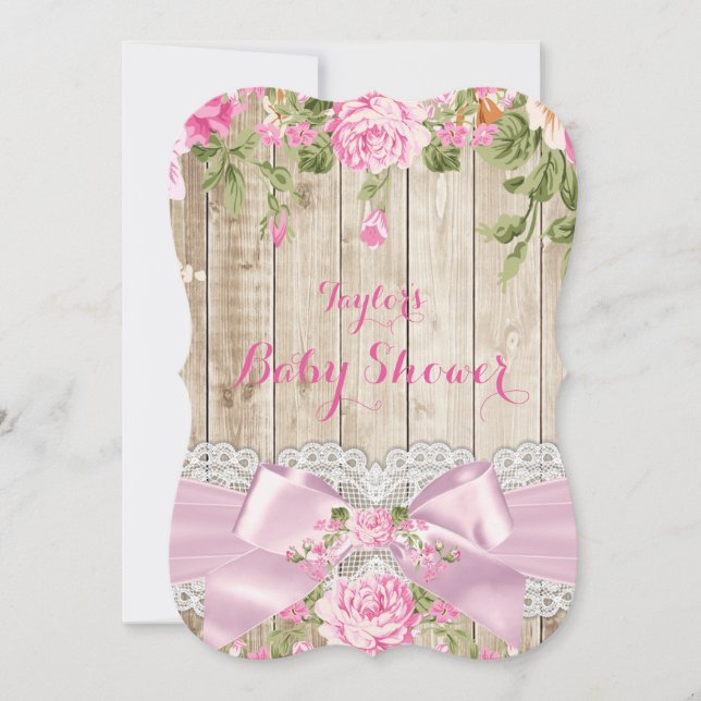 Rustic Wood Lace Pink Floral Baby Shower Invitation (Front)