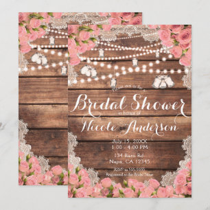 Rustic Wood Lace Pink Roses Elegant Bridal Shower Invitation