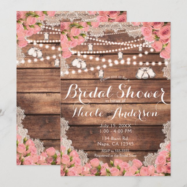 Rustic Wood Lace Pink Roses Elegant Bridal Shower Invitation (Front/Back)