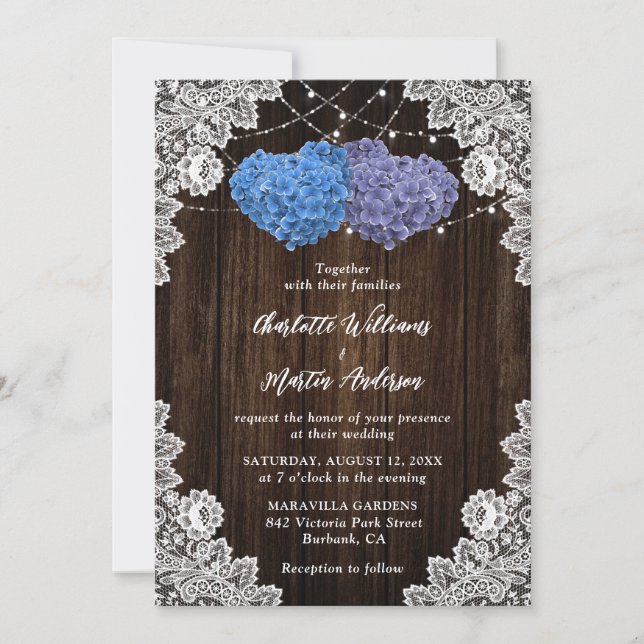 Rustic Wood Lace Purple and Blue Floral Wedding Invitation (Front)