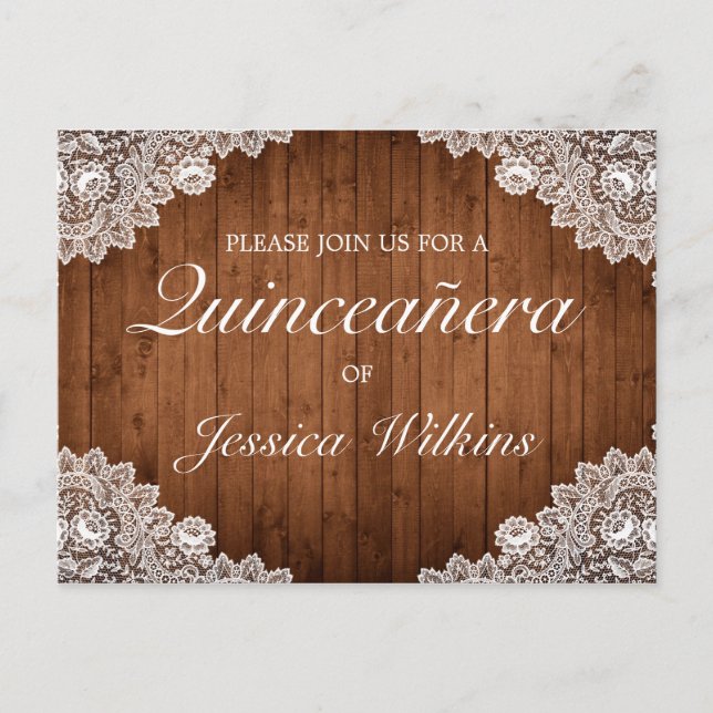 Rustic Wood & Lace Quinceañera Invitation Postcard (Front)