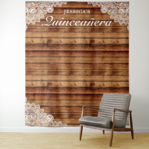 Rustic Wood & Lace Quinceañera Photo Background Tapestry