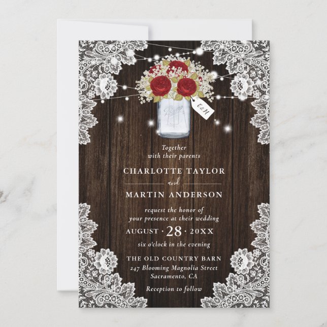 Rustic Wood Lace Red Rose Baby's Breath Wedding Invitation (Front)
