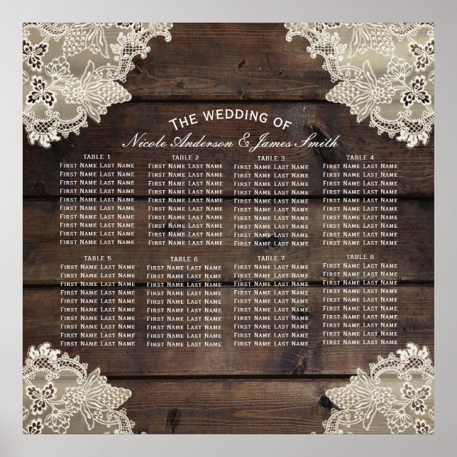 Rustic Wood & Lace Romantic Wedding Table Seating Poster (Front)