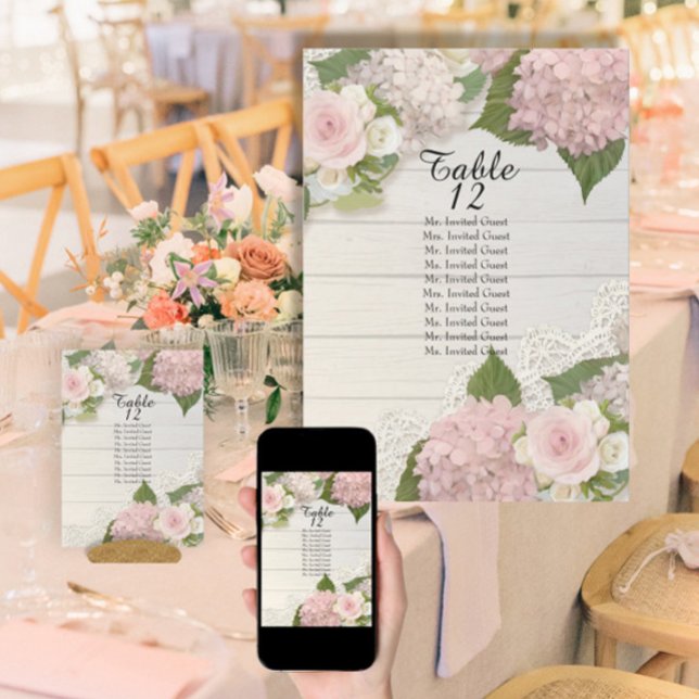 Rustic Wood Lace Rose Hydrangea Table Seating List Invitation (Creator Uploaded)