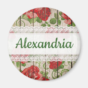 Rustic Wood Lace Roses Personalised Name Magnet