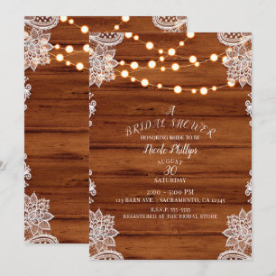 Rustic Wood Lace & String Lights Bridal Shower Invitation