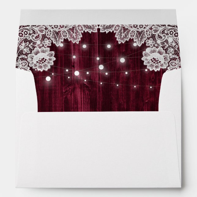 Rustic Wood Lace String Lights Burgundy Wedding Envelope (Back (Bottom))