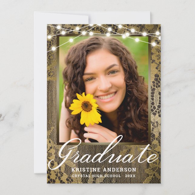 Rustic Wood Lace String Lights Photo Graduation Announcement (Front)