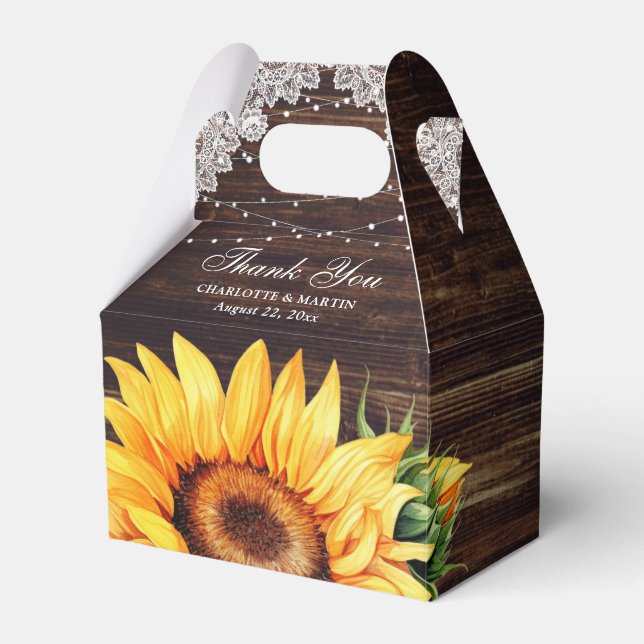 Rustic Wood Lace String Lights Sunflower Wedding Favour Box (Front Side)