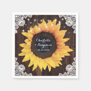 Rustic Wood Lace String Lights Sunflower Wedding Napkin