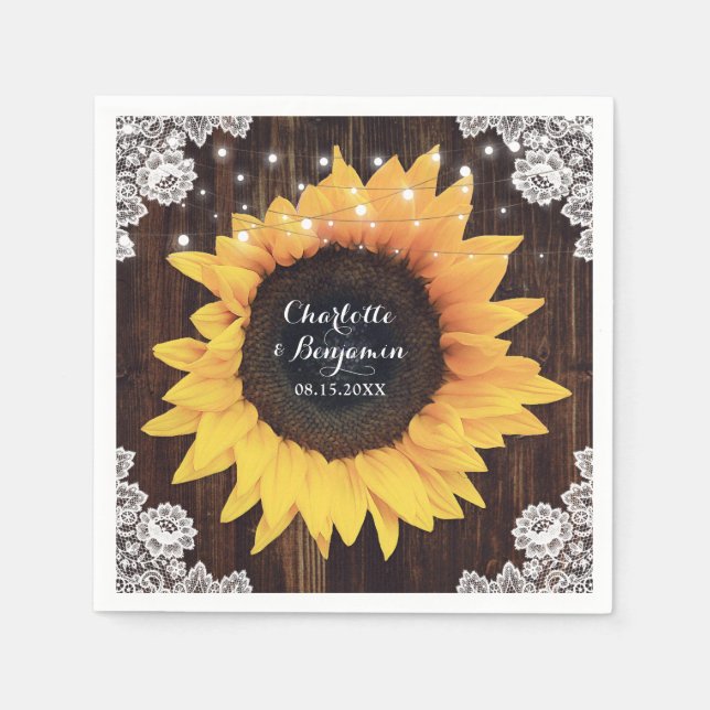 Rustic Wood Lace String Lights Sunflower Wedding Napkin (Front)