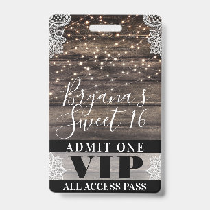 Rustic Wood & Lace String Lights Sweet 16 VIP Pass ID Badge