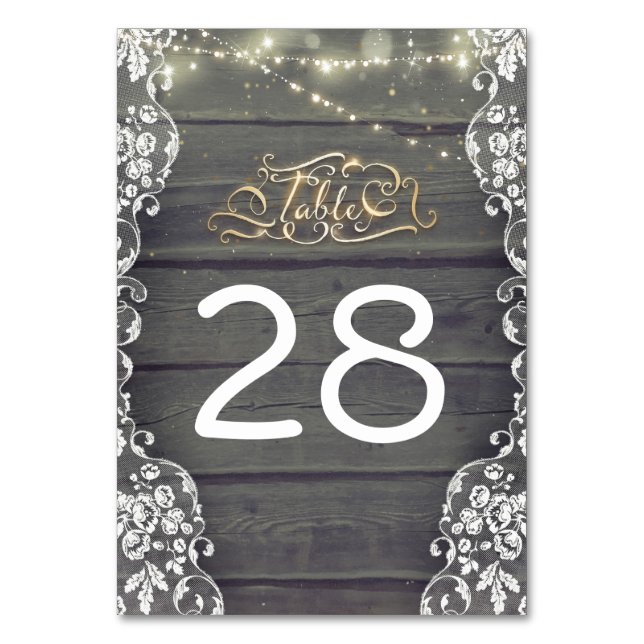 Rustic Wood Lace String Lights Table Number Cards (Front)