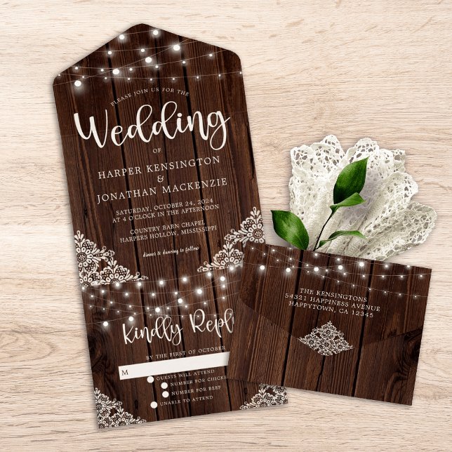 Rustic Wood Lace String Lights Wedding All In One Invitation (Rustic Wood Lace String Lights Wedding All In One Invitation)