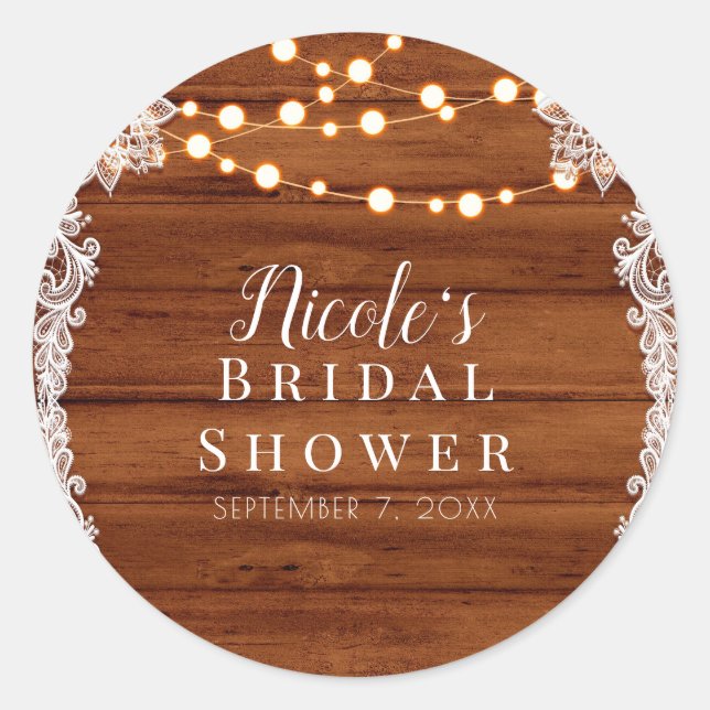 Rustic Wood Lace & String Lights Wedding Bridal Classic Round Sticker (Front)