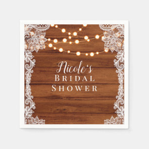 Rustic Wood Lace & String Lights Wedding Bridal Napkin