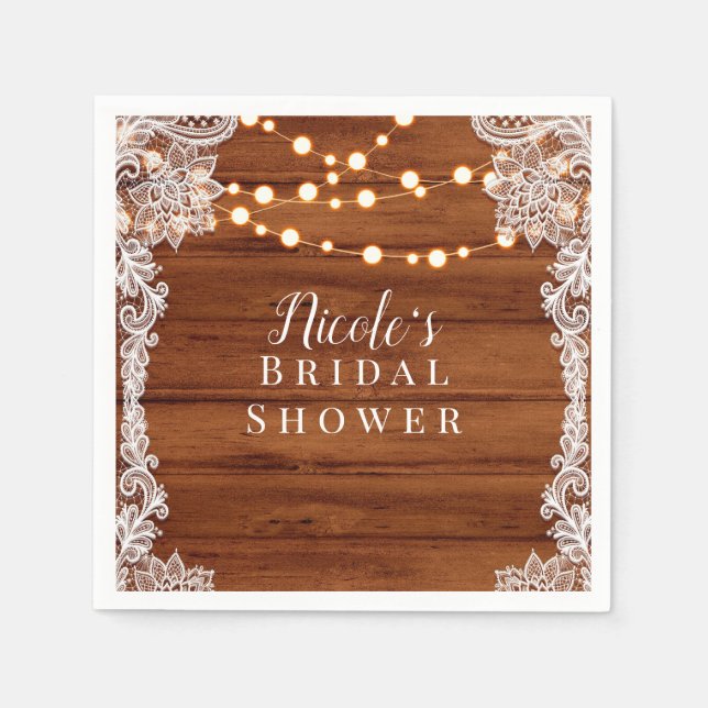 Rustic Wood Lace & String Lights Wedding Bridal Napkin (Front)