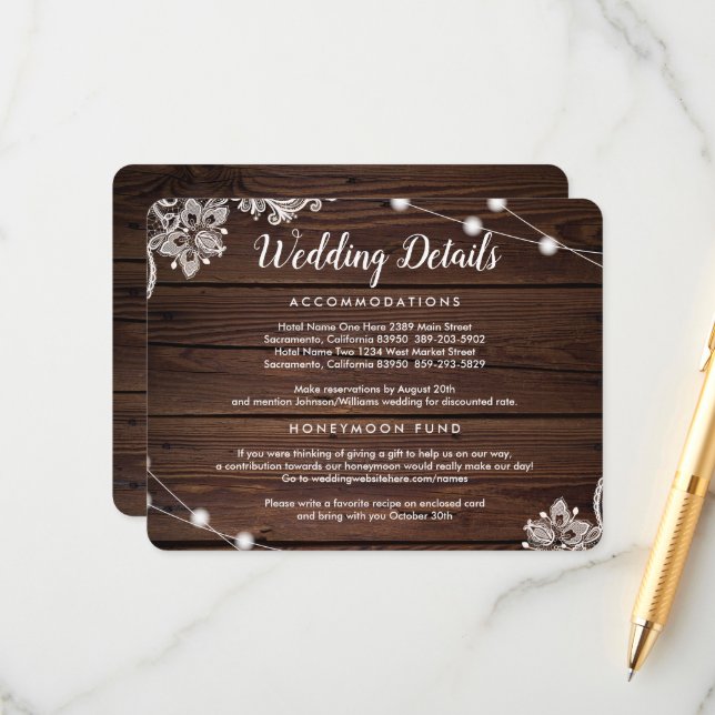 Rustic Wood Lace & String Lights Wedding Details Enclosure Card (Front/Back In Situ)